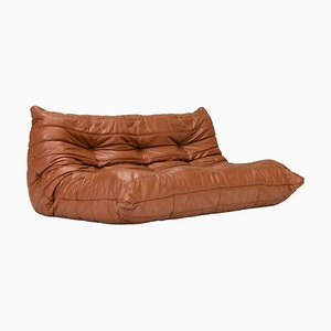 French Togo Sofa in Tan Leather by Michel Ducaroy for Ligne Roset, 1970