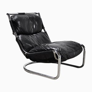 Italian Lounge Chair in Black Leather and Tubular Steel in the style of Gae Aulenti, 1970s