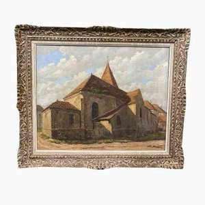 Felix Davoine, Vista impresionista de una iglesia, década de 1890, óleo sobre cartón, enmarcado