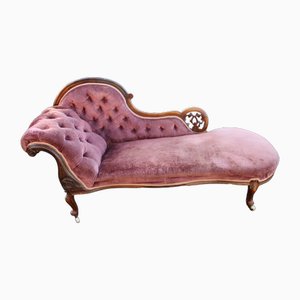 Chaise longue con tappezzeria rosa e mogano intagliato, anni '70 dell'Ottocento