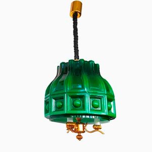 Large Scandinavia Pull Down Hanging Light in Green Glass by Helena Tynell for Flygsfors, 1960s