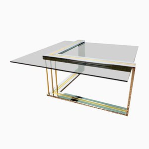 Mesa de centro vintage de vidrio ahumado y metal plateado