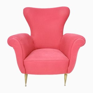 Vintage Italian Wingback Armchair in Red Cotton with Brass Feet