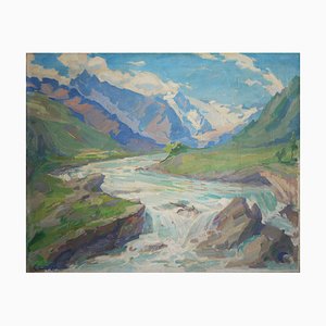 Artiste Allemand, Alpine Stream, 1924, Huile sur Toile, Encadrée