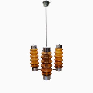 Tall Mid-Century Modern Chandelier in Amber Brown Glass and Chrome, 1970s