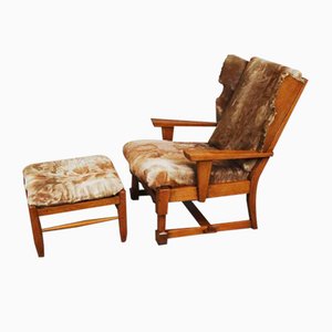 Brutalist Oak Lounge Chair and Ottoman with Upholstery in Goat Hide, Set of 2