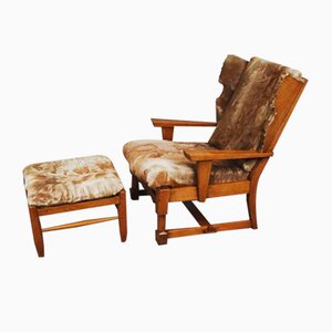 Set of Brutalist Oak Lounge Chair and Ottoman with Upholstery in Goat Hide