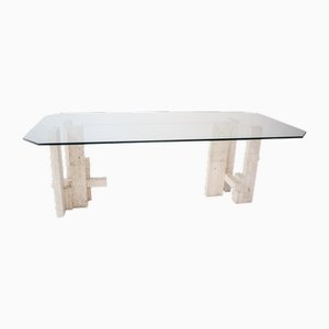 Architectural Table in Travertine and Glass by Willy Ballez, 1970s
