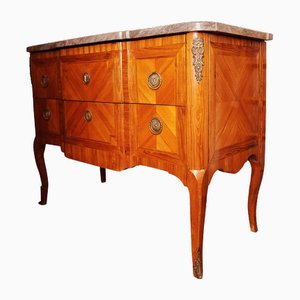 19th Century French Louis XVI Rosewood Banded Kingwood Commode with Cabriole Legs & Grey Marble Top