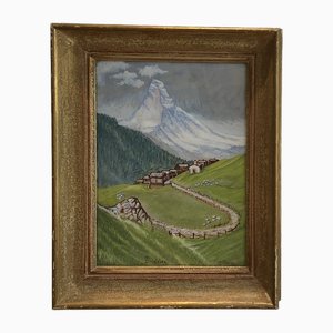 A. Chavaz, Le Cervin et le Hameau de Findelen, Suisse, Acquarello su cartone, Con cornice