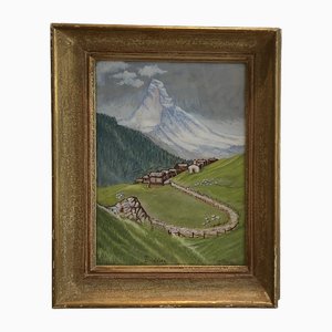 A. Chavaz, Le Cervin et le Hameau de Findelen, Suisse, Watercolor on Cardboard, Framed