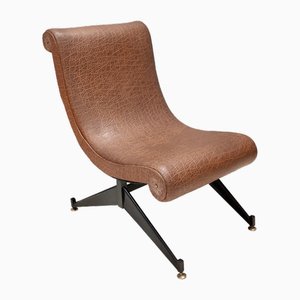 Vintage Brown Skai Lounge Chair with Black Varnished Metal Legs, Italy, 1950s