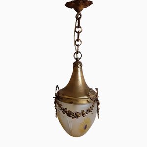 Antique Art Nouveau Ceiling Lamp in Glass & Brass, 1890s