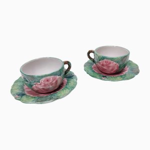 Vintage Earthenware Tea or Coffee Cups & Saucers with Floral Motifs by Zaccagnini, 1940s, Set of 4