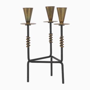 Scandinavian Tripod Candleholder in Black Lacquer and Brass by Nils-Johan, Sweden, 1950s