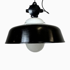 Lámpara de techo industrial de esmalte negro con cubierta de vidrio, años 50