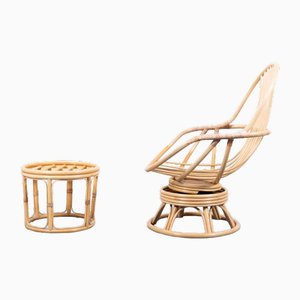 Vintage Bambus Sessel mit Fußhocker, 2er Set