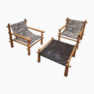 Brutalist Stone Coffee Table and Safari Armchairs in Pine with Zebra Fabric by Jab Anstoetz, 1970s, Set of 3