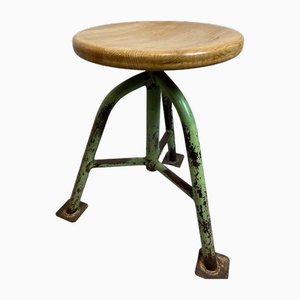 Industrial Iron Stool with Oak Seat, 1920s