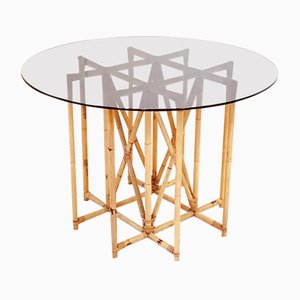 Vintage Round Dining Table in Bamboo and Glass, 1950s