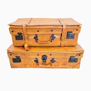 Vintage Cognac Leather Suitcase, 1930s, Set of 2