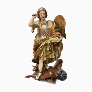 Künstler der kastilischen Schule, Erzengel St. Michael besiegt den Teufel, Ende 17. Jh., Holz geschnitzt & vergoldet