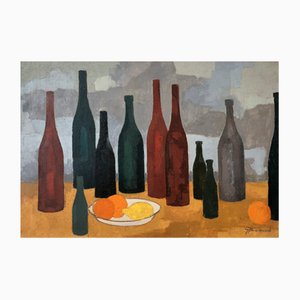 Jean Jacques Boimond, Bouteilles et coupe d'oranges et citron, 1987, óleo sobre lienzo