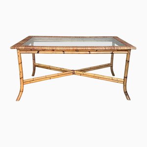 Spanish Dining Table in Bamboo with Glass Tabletop, 1980s