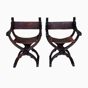 Antique Folding Scissor Chairs in Carved Walnut, 1850, Set of 2