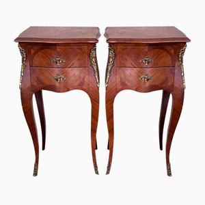 Antique Louis XV French Marquetry Nightstands with Drawers, 1900, Set of 2