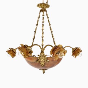 Antique French Neoclassical Alabaster, Amber Glass & Brass Flower Ormolu 6-Arm Chandelier