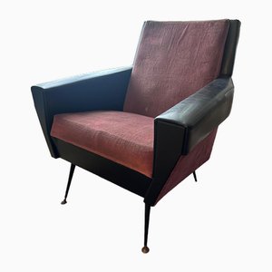 Butaca Mid-Century de cuero sintético y terciopelo, años 50