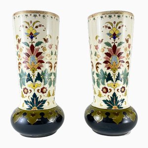 Antique Painted Vases by Franz Anton Mehlem for Royal Bonn, Germany, 1890s, Set of 2
