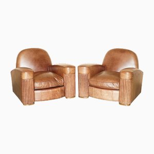Art Deco Brown Leather Armchairs, 1920s, Set of 2
