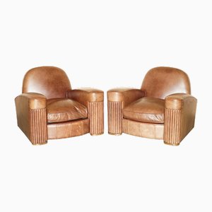 Set of Art Deco Brown Leather Armchairs, 1920s