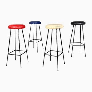 Italian Mid-Century Black Matt Metal and Coloured Faux Leather Stools, 1960s, Set of 3