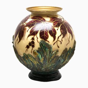 Große handgemachte und handbemalte Jugendstil Vase aus Opalglas, Belgien, 1923