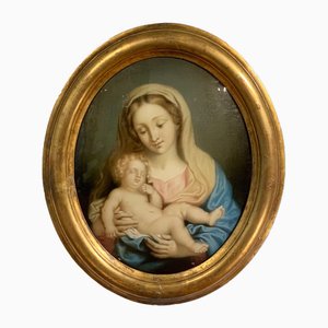Madonna & Child, Early 1800s, Painting on Glass, Framed