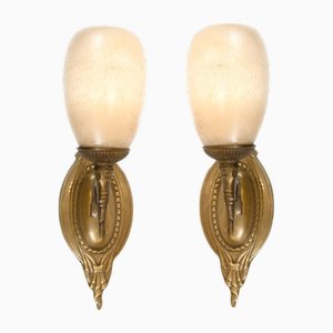 Art Nouveau Wall Lights Sconces with Alabaster Shades, Set of 2