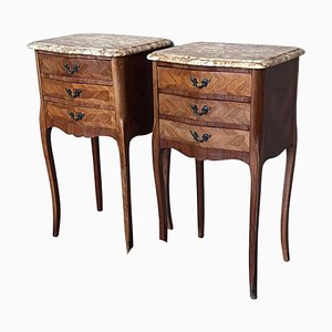 Antique Louis XV French Marquetry Nightstands with Marble Top, 1900, Set of 2