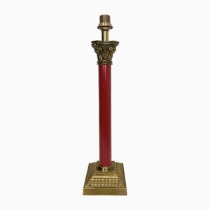 Large Brass and Red Lacqued Corinthian Column Table Lamp, 1970s