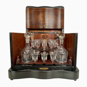 Early-20th Century French Foldable Hand-Carved Marquetry Walnut Liqueur Cellar, 1890s