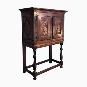 Antique Spanish Cabinet in Carved Walnut and Iron Stretcher, 1850