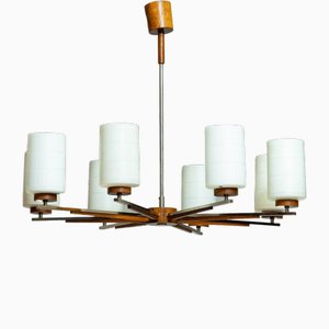 Large Modern German Chrome and Rosewood Chandelier with Frosted Glass Vases, 1970s
