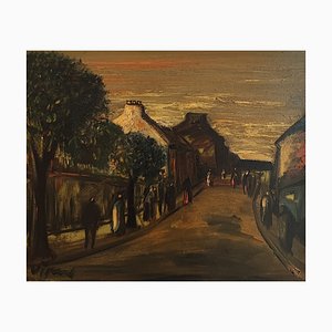 Sylvain Vigny, Rue animée au coucher du soleil, Peinture sur Toile
