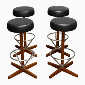 Teak with Chrome and Black Faux Leather Swivel Stools attributed to Börje Johanson, 1960s, Set of 4