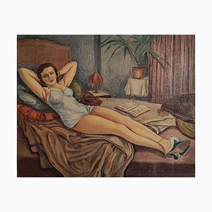 Jules Gaillepand, Jeune femme en nuisette allongée sur le lit, 1934, Oil on Canvas