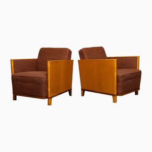 Art Deco Stühle aus Ulmenholz & dunkelbrauner Wolle von Erik Chambert, 1930er, 2er Set