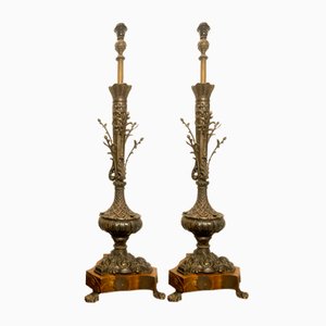 Lámparas de mesa grandes de bronce y madera esculturales en forma de rama al estilo de Louis Seize, Francia, década de 1890. Juego de 2