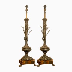 Large Bronze and Wood Sculptural Branch Shaped Table Lamps in the style of Louis Seize, France, 1890s, Set of 2